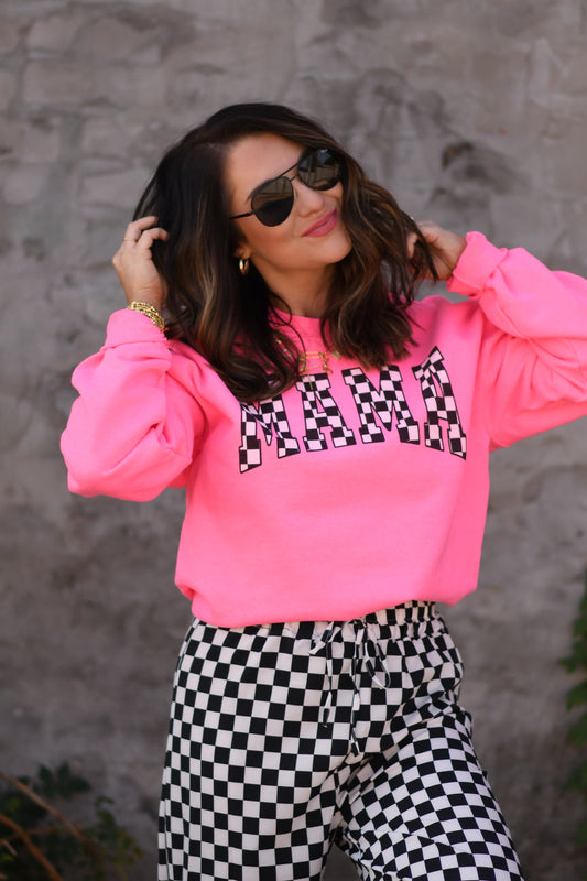 Neon Pink Checkered MAMA Sweatshirt