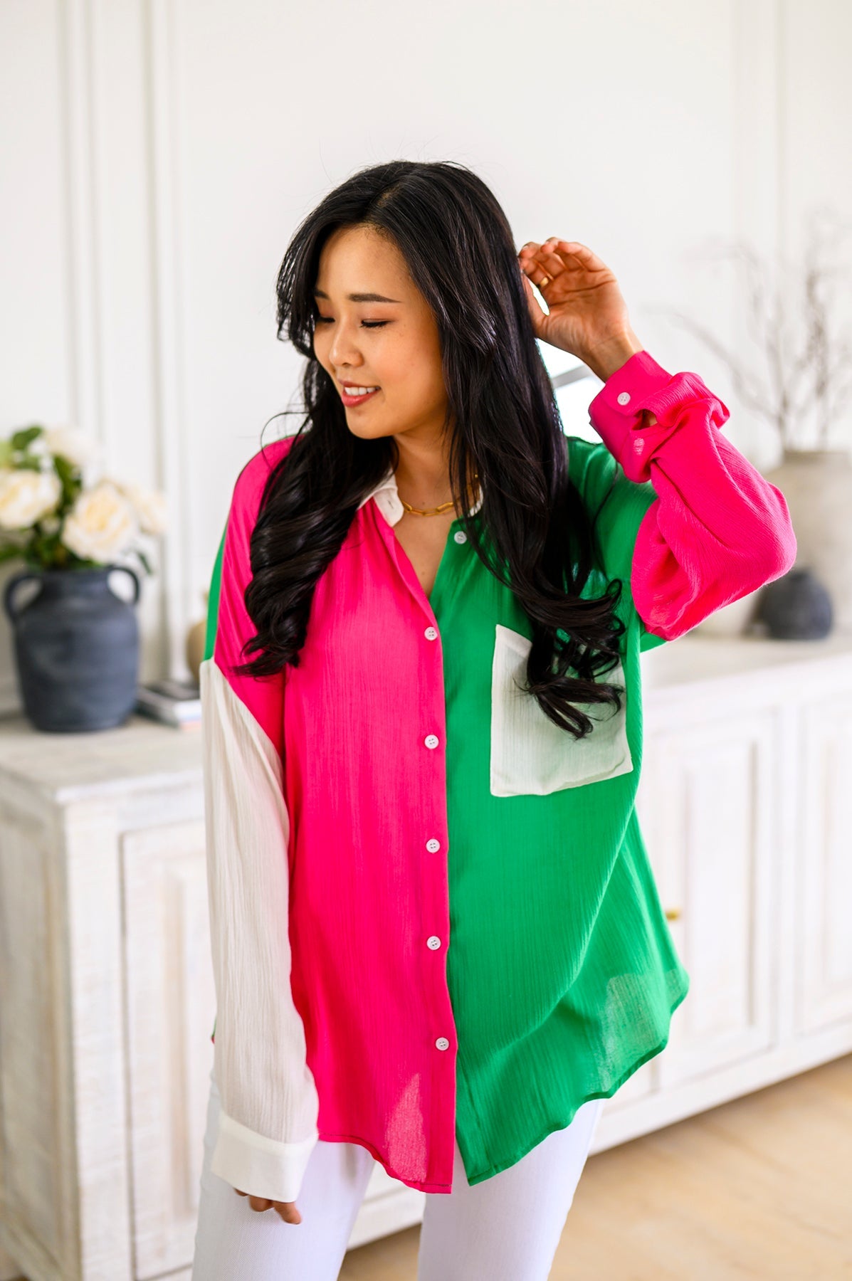 Capture the Day Two Toned Button Up Kelly