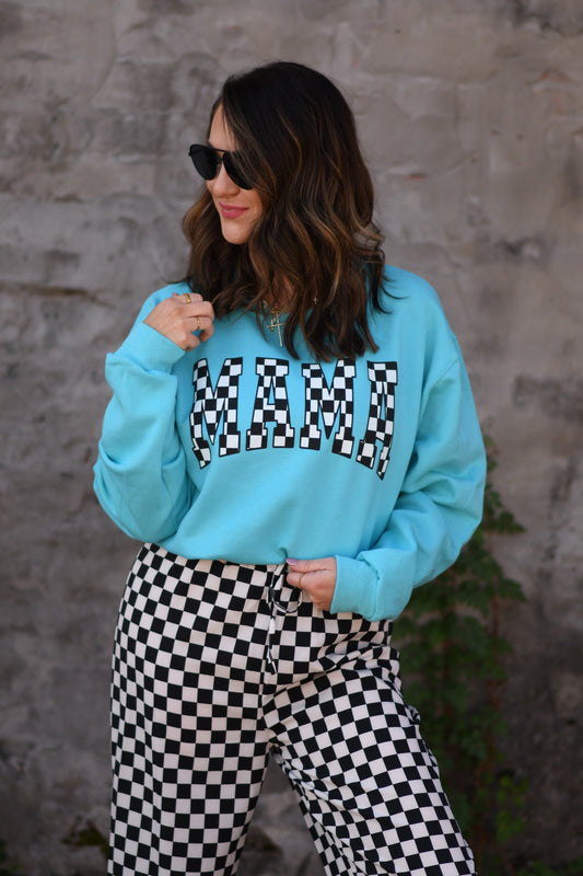 Turquoise Checkered MAMA Sweatshirt