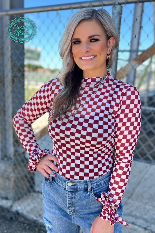 Maroon Checkered Mesh Top