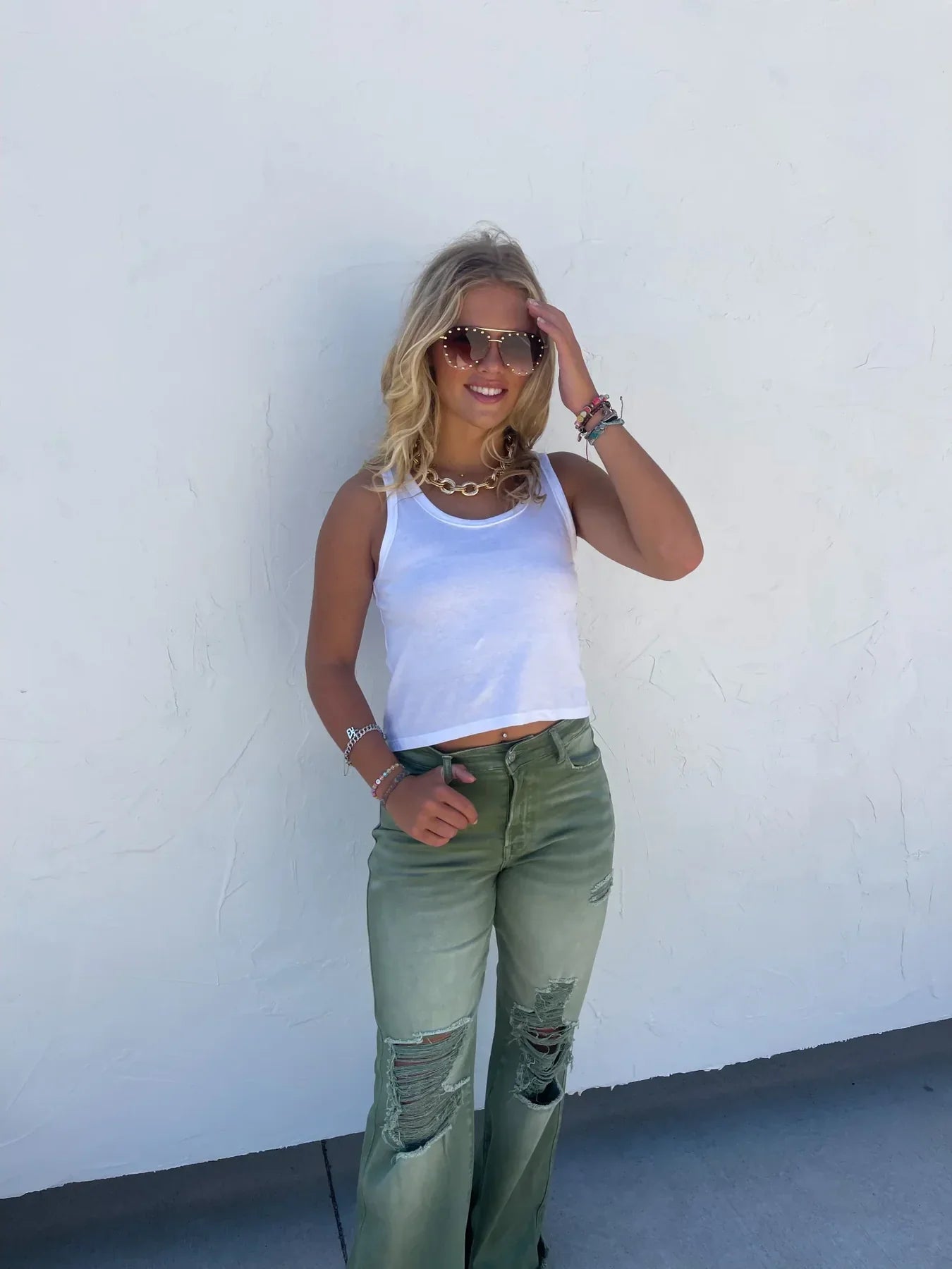 PREORDER: Blakeley Distressed Jeans In Olive and Camel